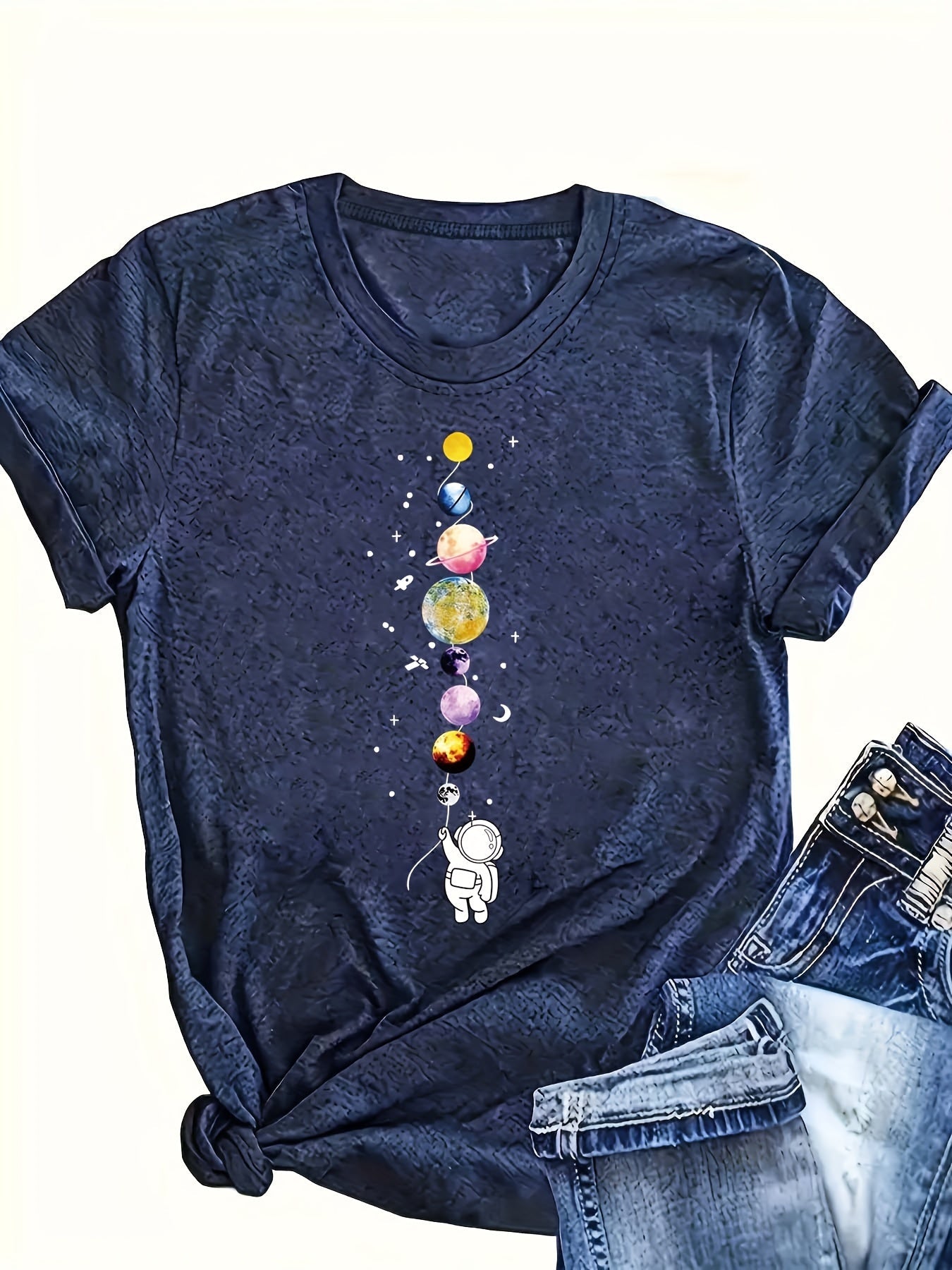 Women's T-Shirt with Astronaut and Planets – Casual Style for Everyday and Leisure – Galaxy & Space Design