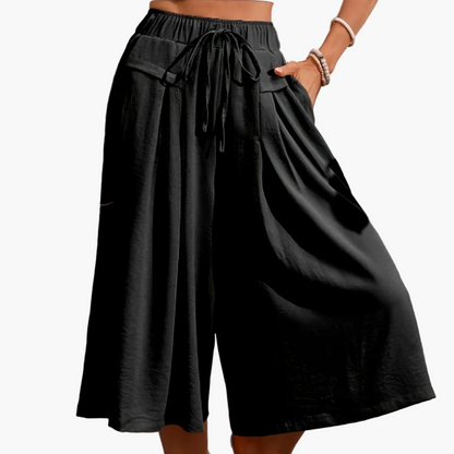 Women's Elegant Wide Summer Culotte Pants with Tie Belt – Fashionable Capri Pants for Leisure and Vacation