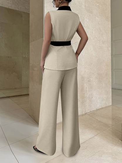 Women's Business Suit Set with Sleeveless Blazer and Wide Leg – Elegant Style for Office & Everyday Wear