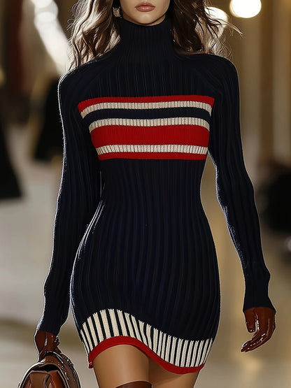 Damen Rollkragen Strickkleid mit Streifenmuster Langarm Figurbetont Dunkelblau Rot Weiß