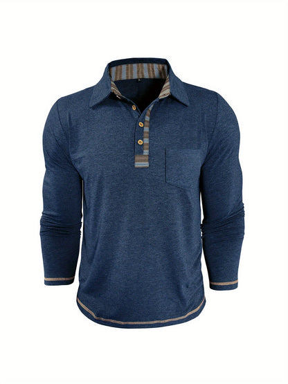 Men's long-sleeved polo shirt with chest pocket and patterned details