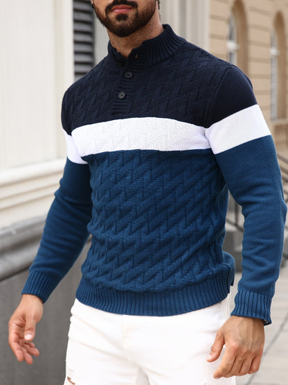 Herren Grobstrick Pullover mit Stehkragen & Knopfleiste, Farbblock-Design, Langarm