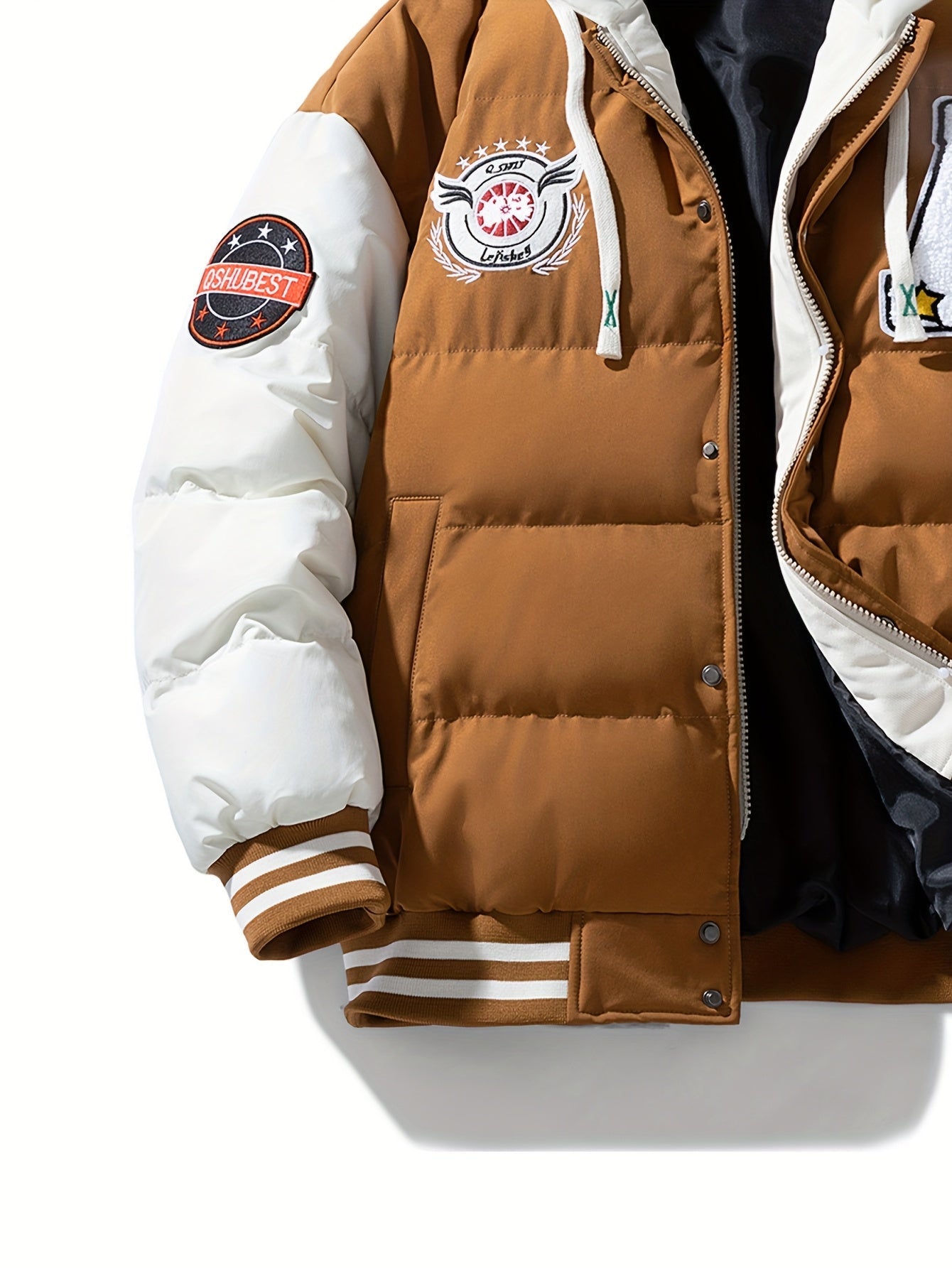 Unisex Winter Jacke im College-Stil mit abnehmbarer Kapuze, Kontrastärmeln & Patches