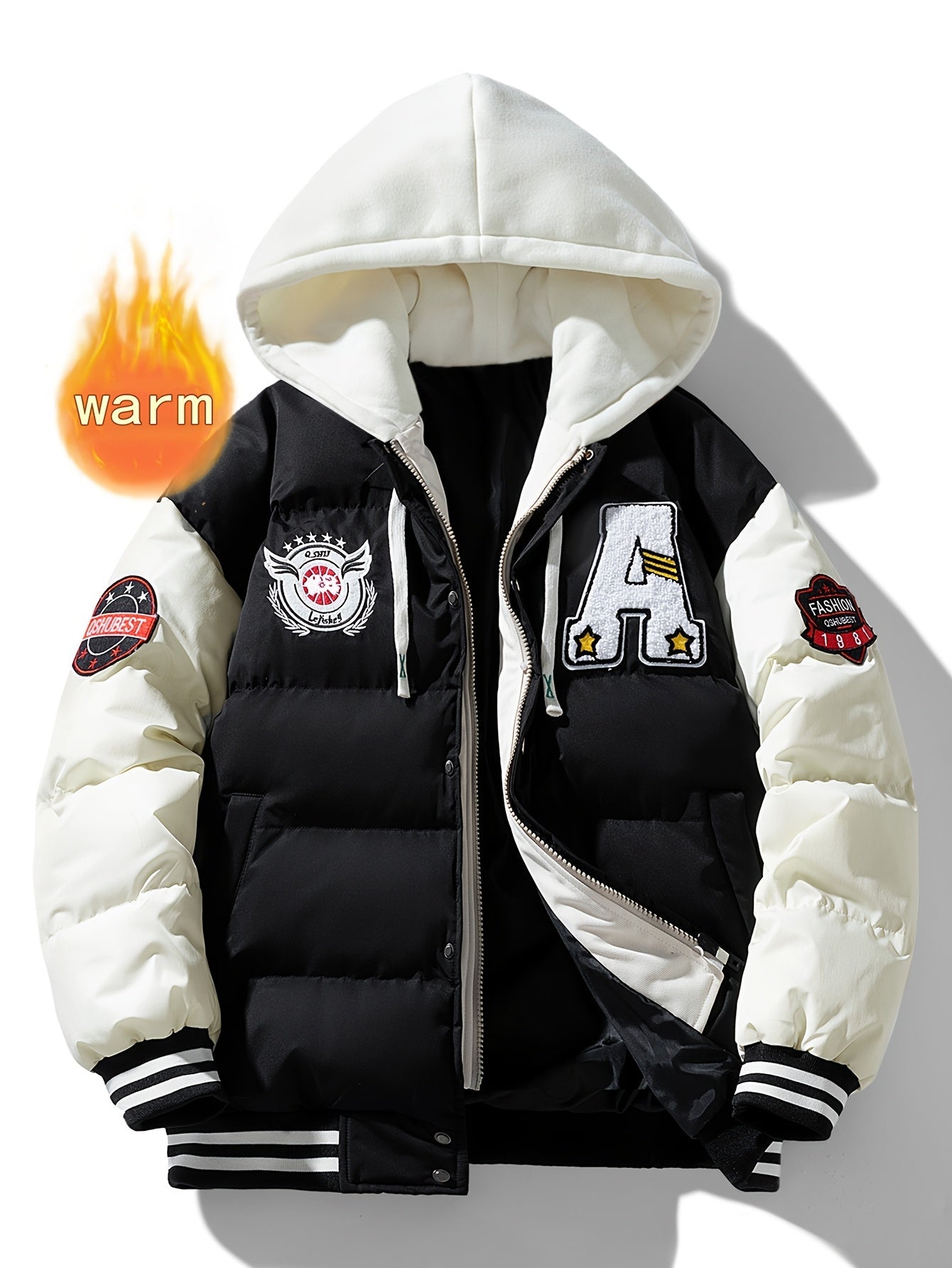 Unisex Winter Jacke im College-Stil mit abnehmbarer Kapuze, Kontrastärmeln & Patches