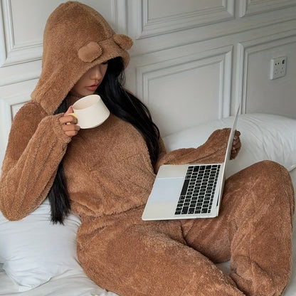 Damen Kuscheliger Loungewear Schlafanzug mit Kapuze und Ohren Plüsch Zweiteiler