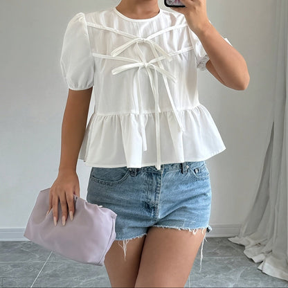 Women's Peplum Blouse with Puff Sleeves and Bows – Romantic Vintage Look for Leisure & Everyday Wear