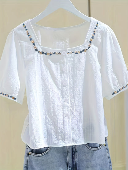 Women's Blouse with Embroidery and Square Neckline – Elegant Spring and Summer Style