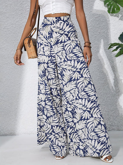 Women's Wide Summer Pants with Tropical Leaf Pattern – Fashionable Palazzo Pants for Beach and Leisure