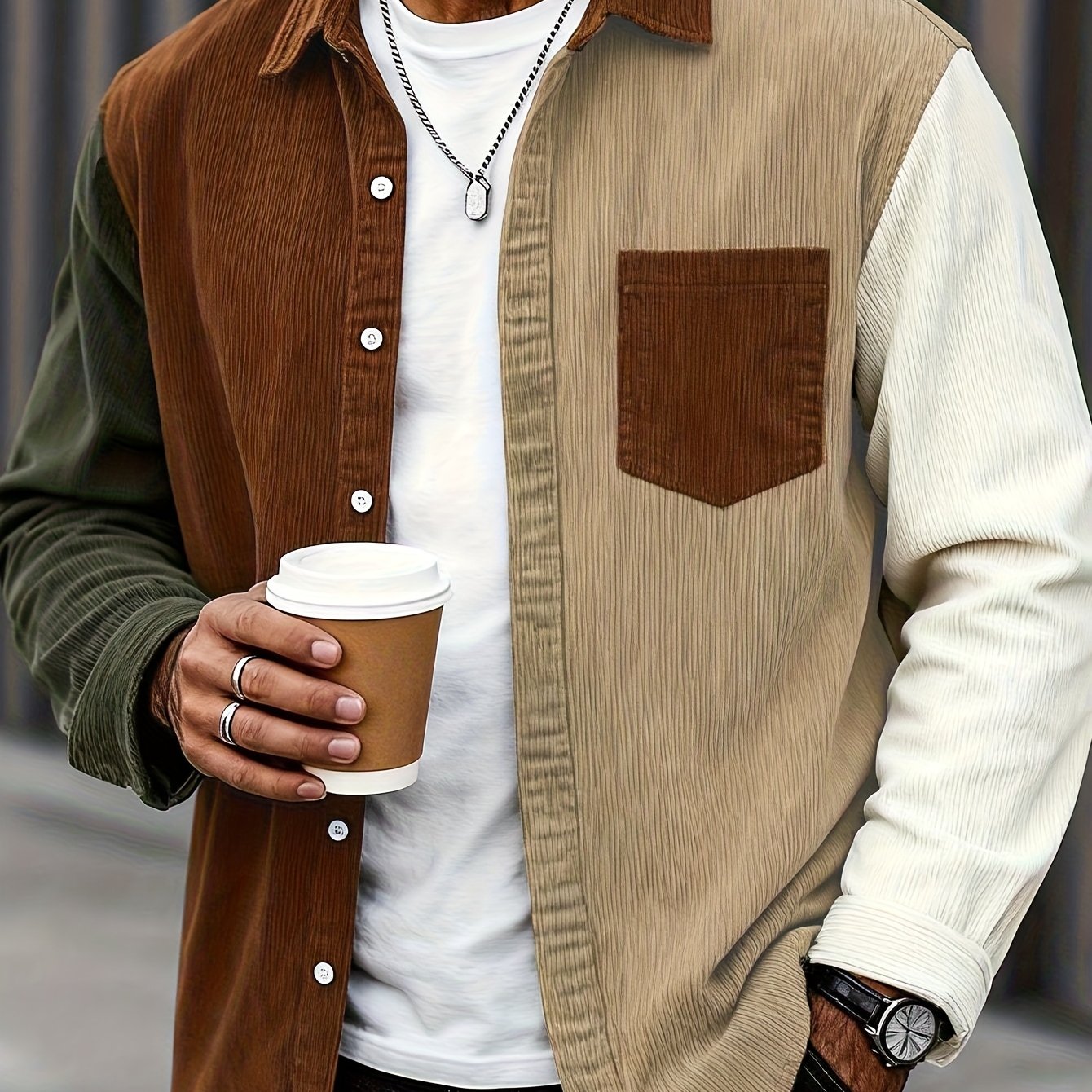 Herren Hemd Cord Patchwork Langarm Knopfleiste Braun Beige Khaki
