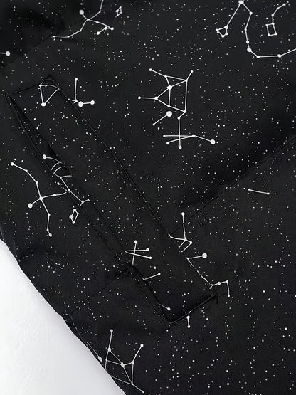 Padded jacket with constellation print, zipper, and stand-up collar