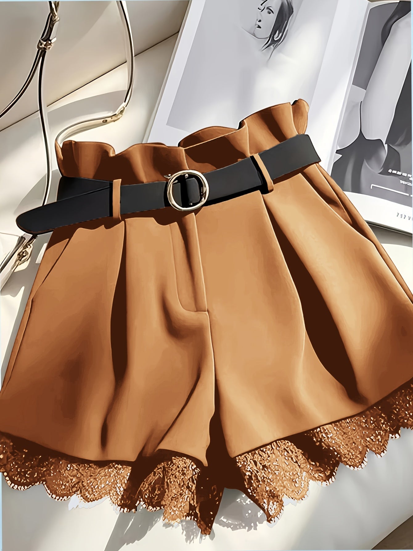Women's High-Waist Paperbag Shorts with Belt and Lace Trim – Fashionable for Everyday and Special Occasions