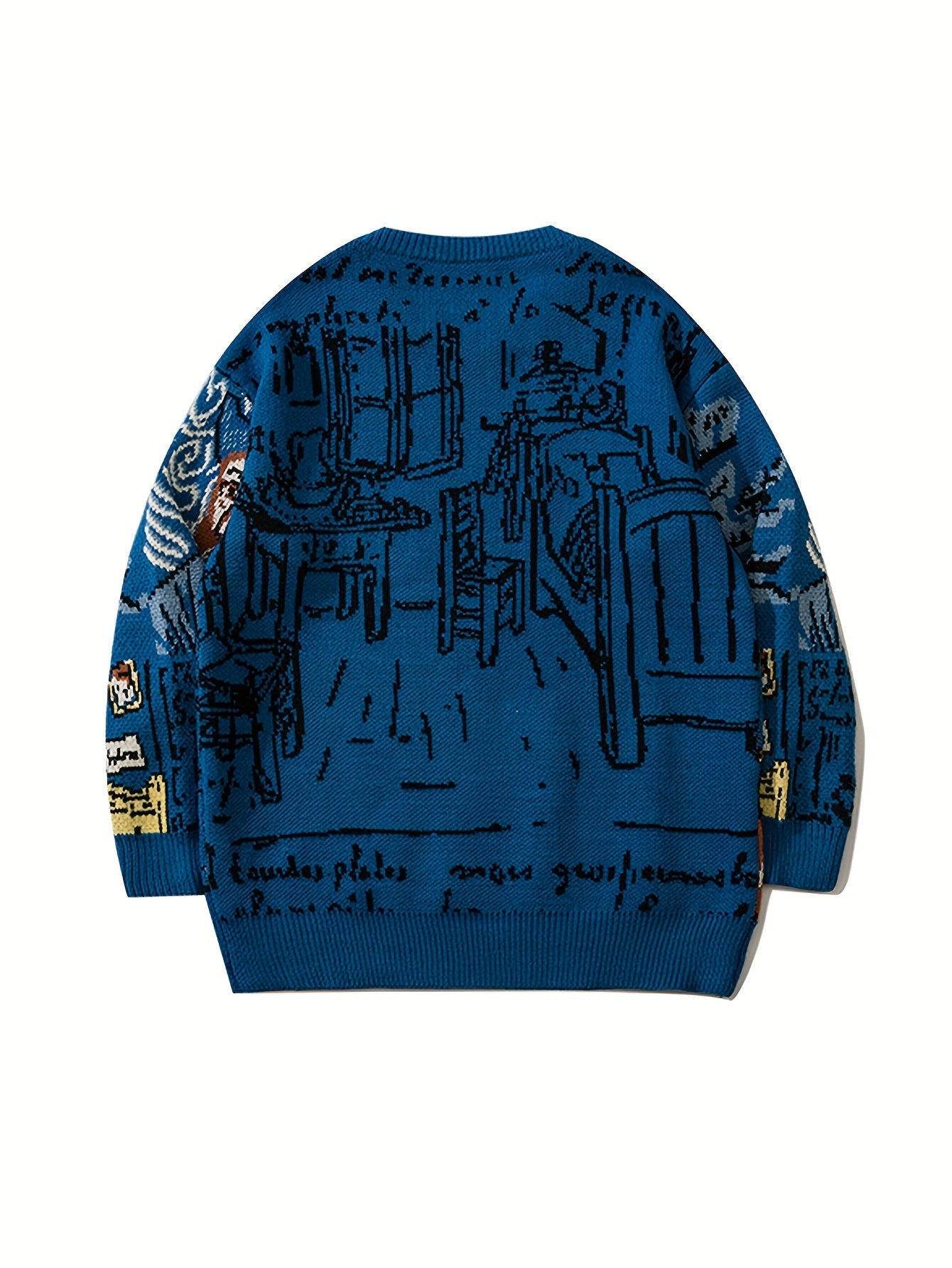 Strickpullover mit Kunstmotiv, Rundhalsausschnitt, Blau, Unisex