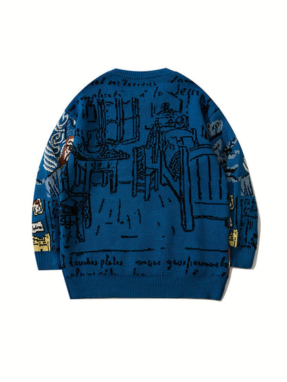 Strickpullover mit Kunstmotiv, Rundhalsausschnitt, Blau, Unisex