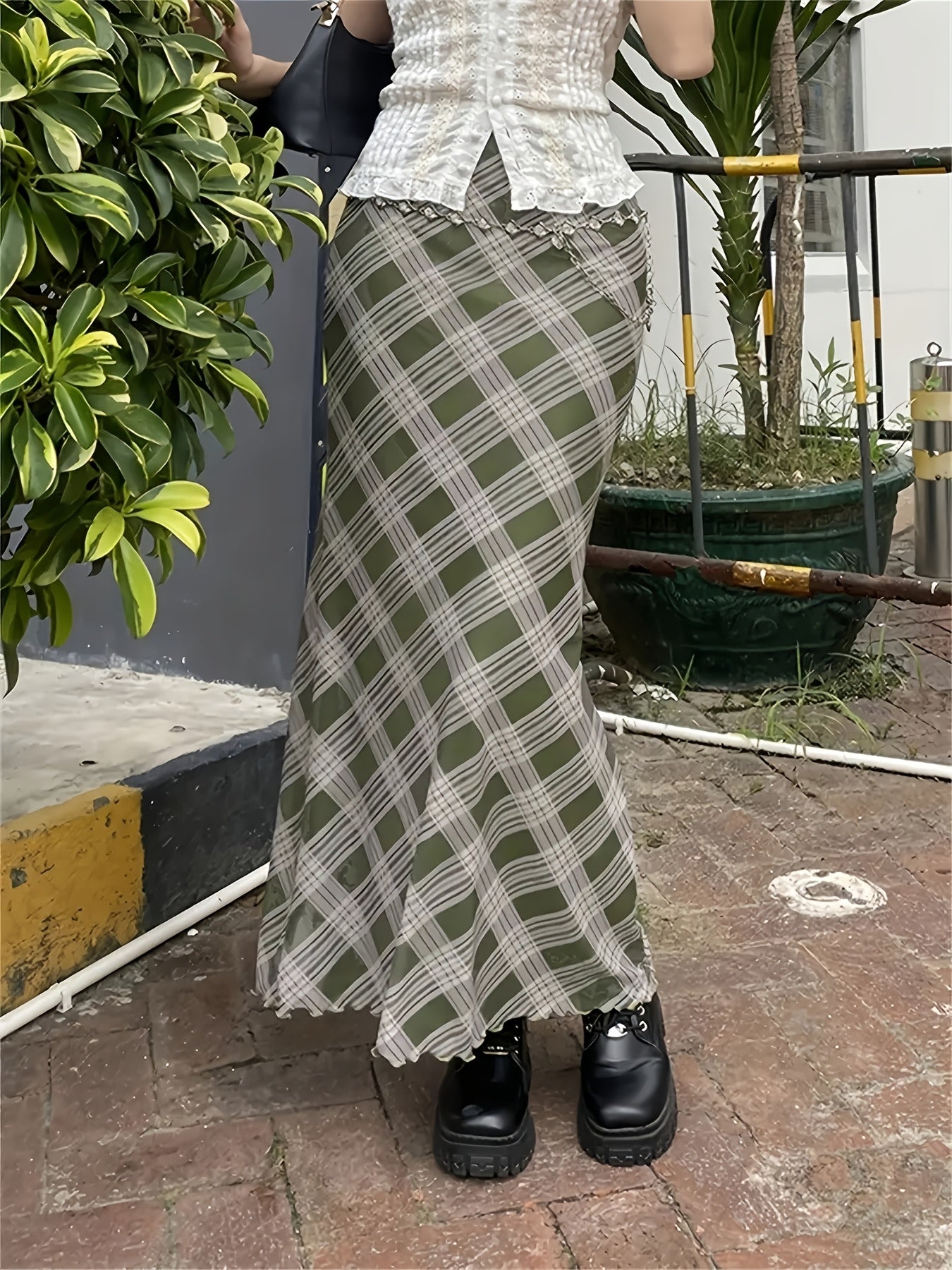 Women's Elegant Checked Maxi Skirt Vintage Style – Casual & Everyday