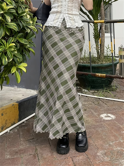 Women's Elegant Checked Maxi Skirt Vintage Style – Casual & Everyday