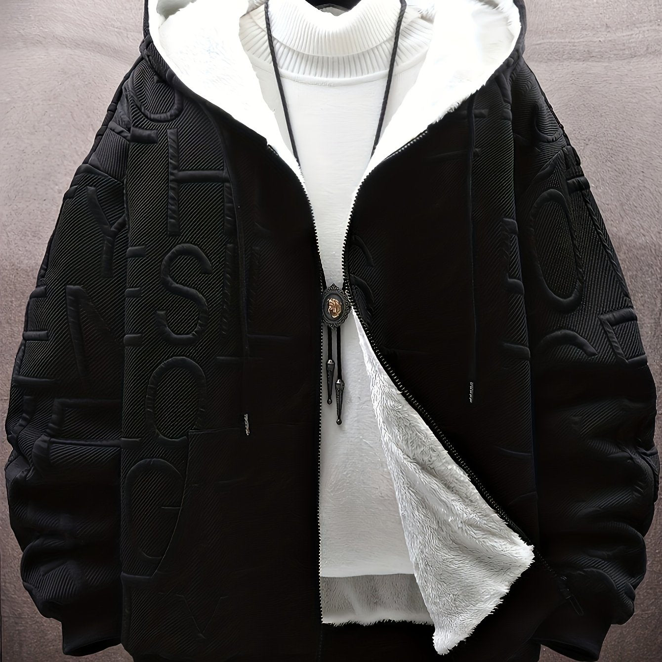 Unisex hooded jacket with fleece lining and raised lettering, zipper, kangaroo pockets, in black
