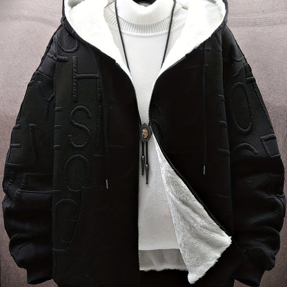 Unisex hooded jacket with fleece lining and raised lettering, zipper, kangaroo pockets, in black