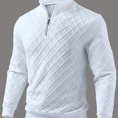 Herren Halb-Reißverschluss Pullover mit Rautenmuster, Weiß