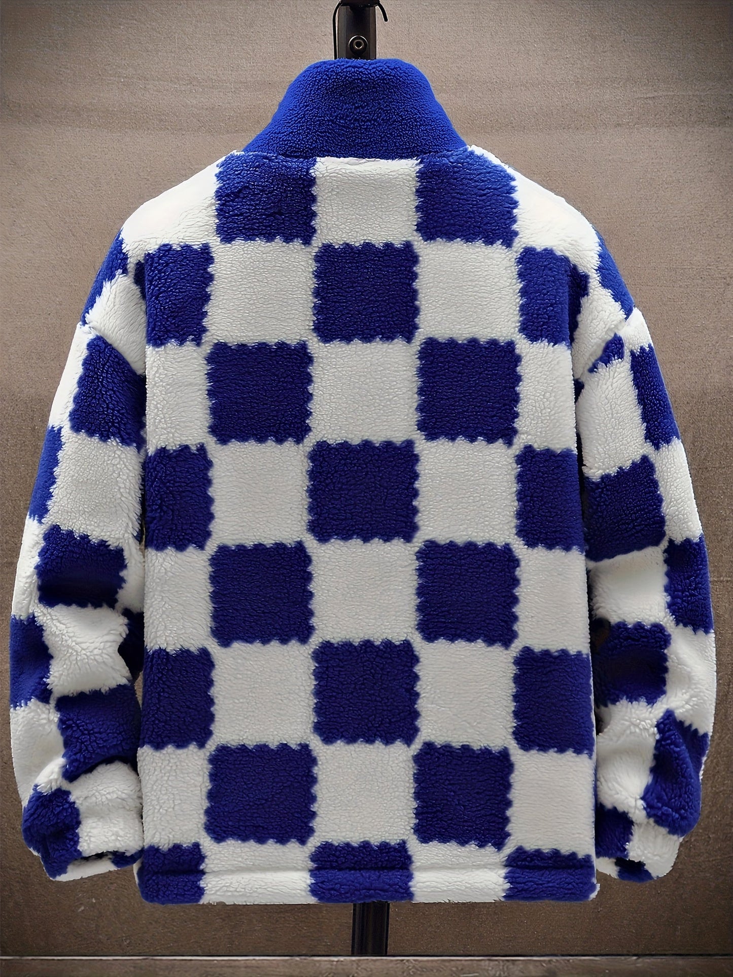 Unisex Fleecejacke mit Schachbrettmuster Reißverschluss Stehkragen