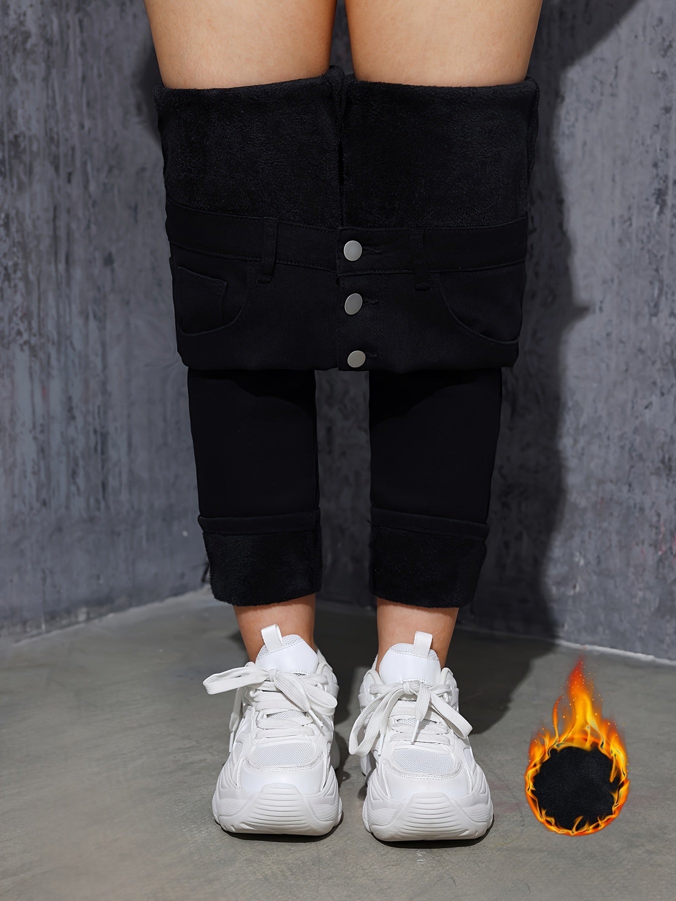 Damen Skinny Jeans Schwarz mit Knopfleiste Hoher Bund Gefüttert