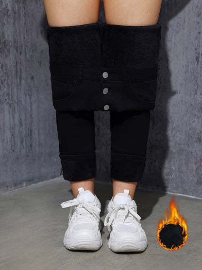Damen Skinny Jeans Schwarz mit Knopfleiste Hoher Bund Gefüttert