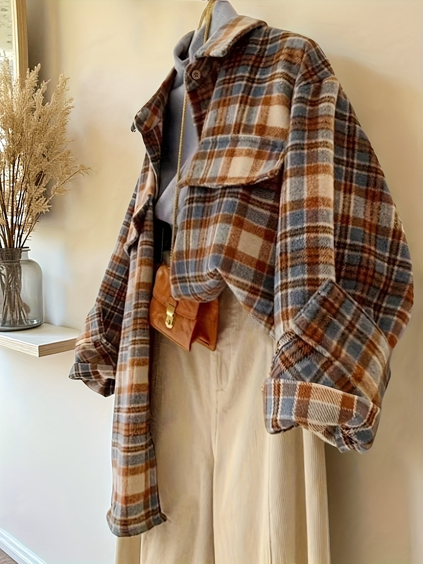 Plaid oversized shacket for women, transitional jacket, brown, blue, beige