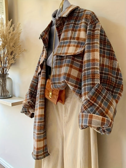 Plaid oversized shacket for women, transitional jacket, brown, blue, beige