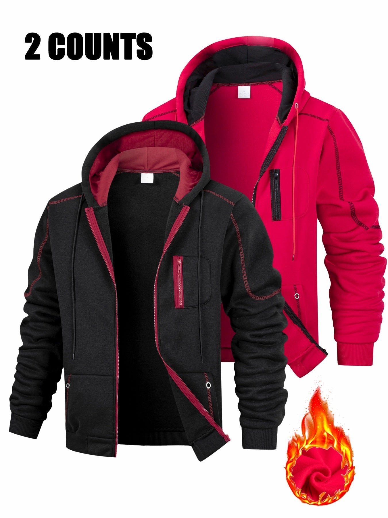 2-Pack Men's Hoodie Jacket Set, Zip-Up Hoodies, Fleece-Lined, Navy Blue, Black, Red