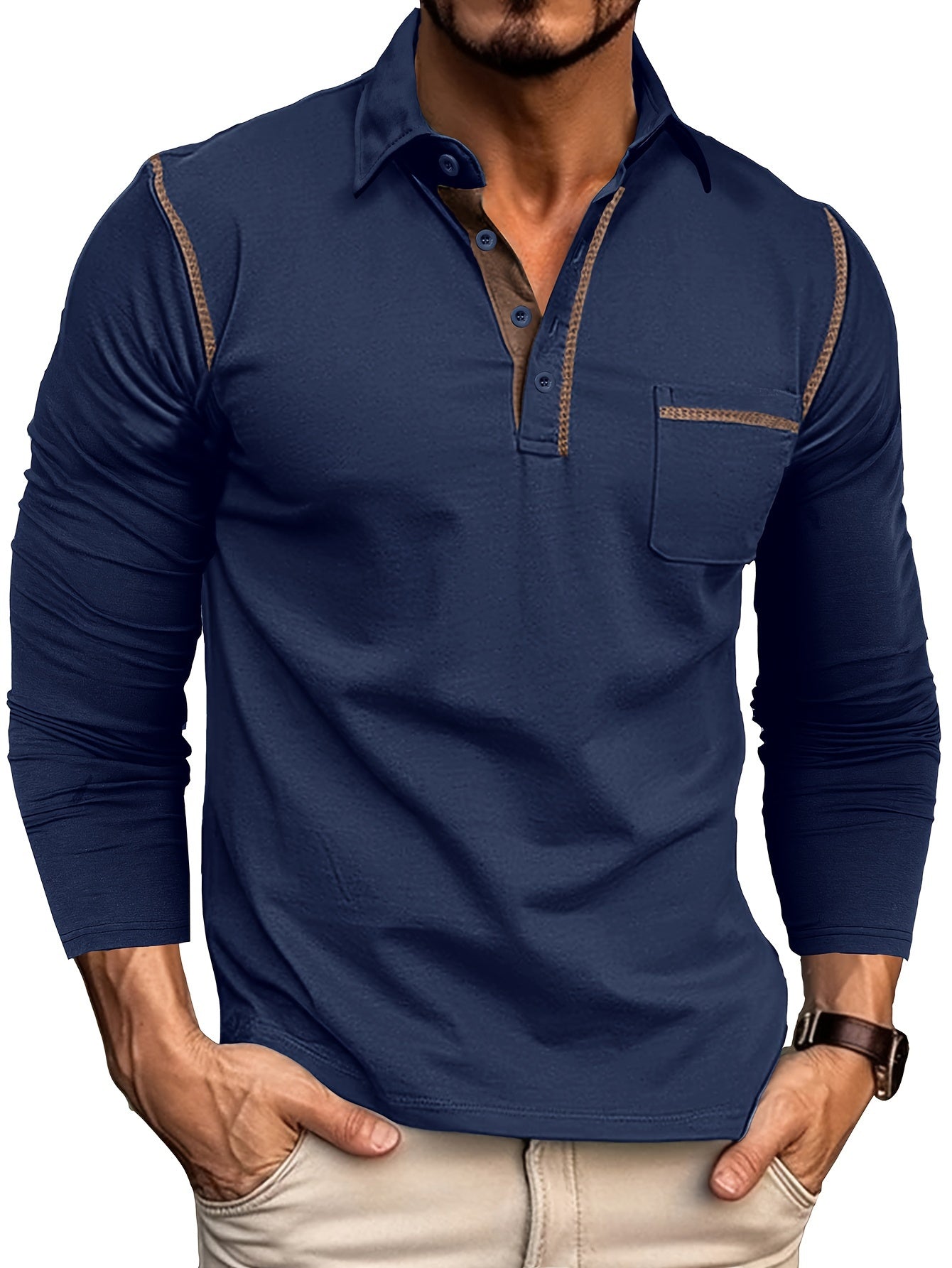 Men's long-sleeve polo shirt with chest pocket and contrast stitching