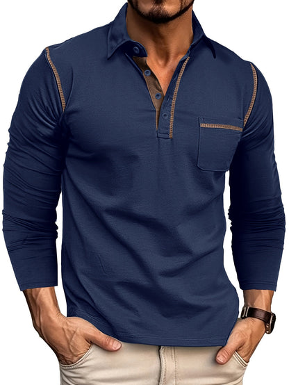 Men's long-sleeve polo shirt with chest pocket and contrast stitching