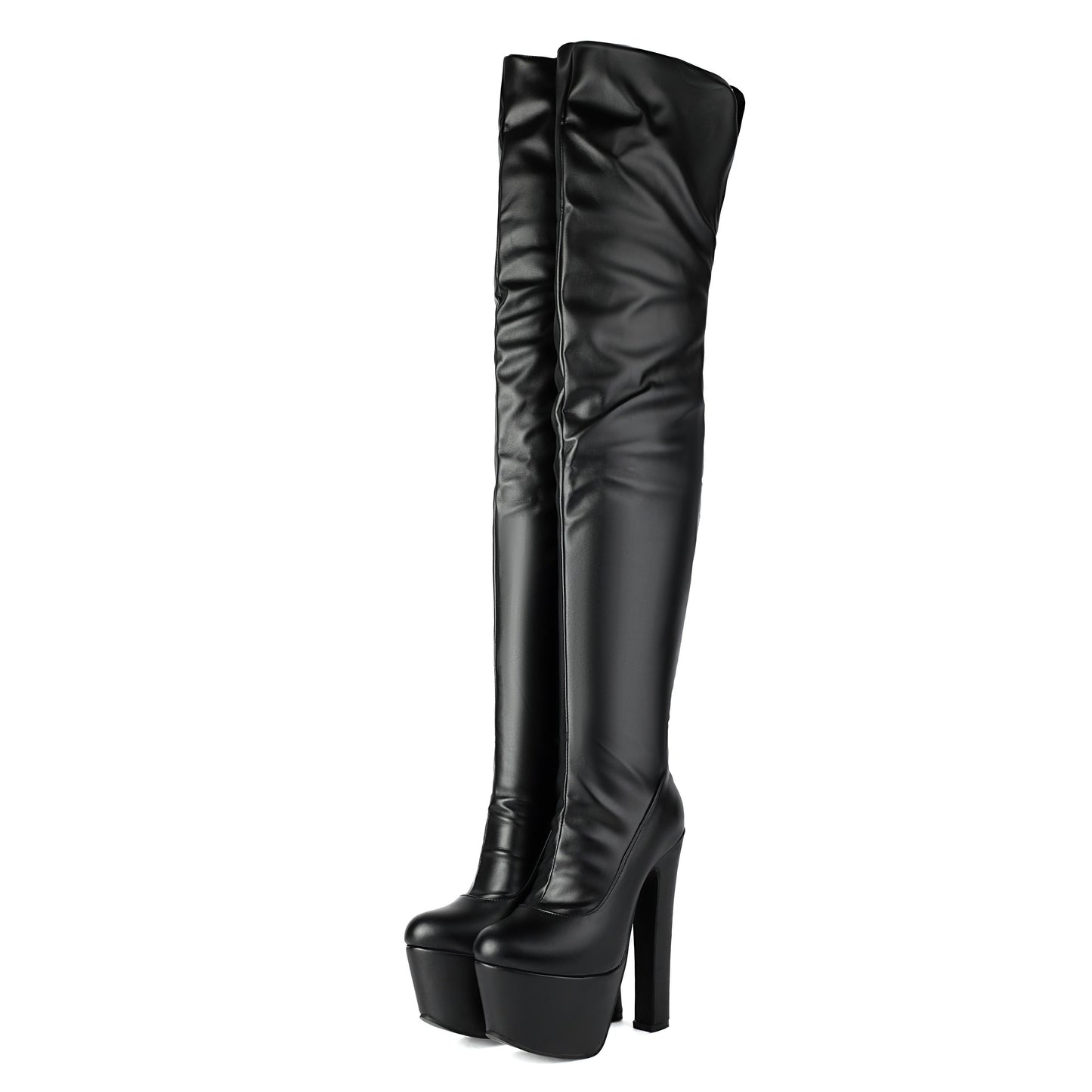 Over-the-knee boots with high heels and a platform, black or red