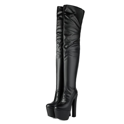 Over-the-knee boots with high heels and a platform, black or red