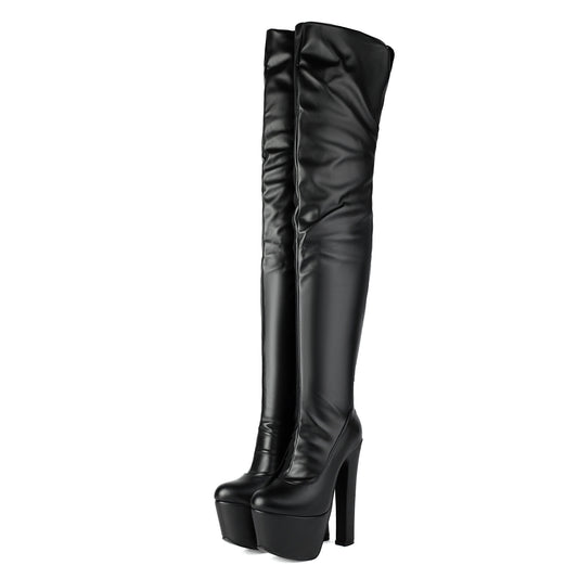 Over-the-knee boots with high heels and a platform, black or red