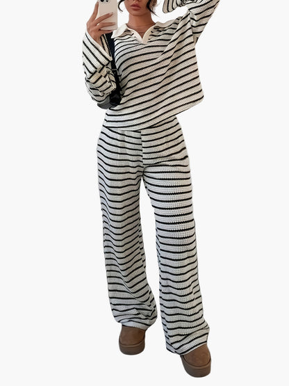 Women's Knit Two-Piece Set – Striped Casual Look for Autumn & Winter, Elegant & Comfortable