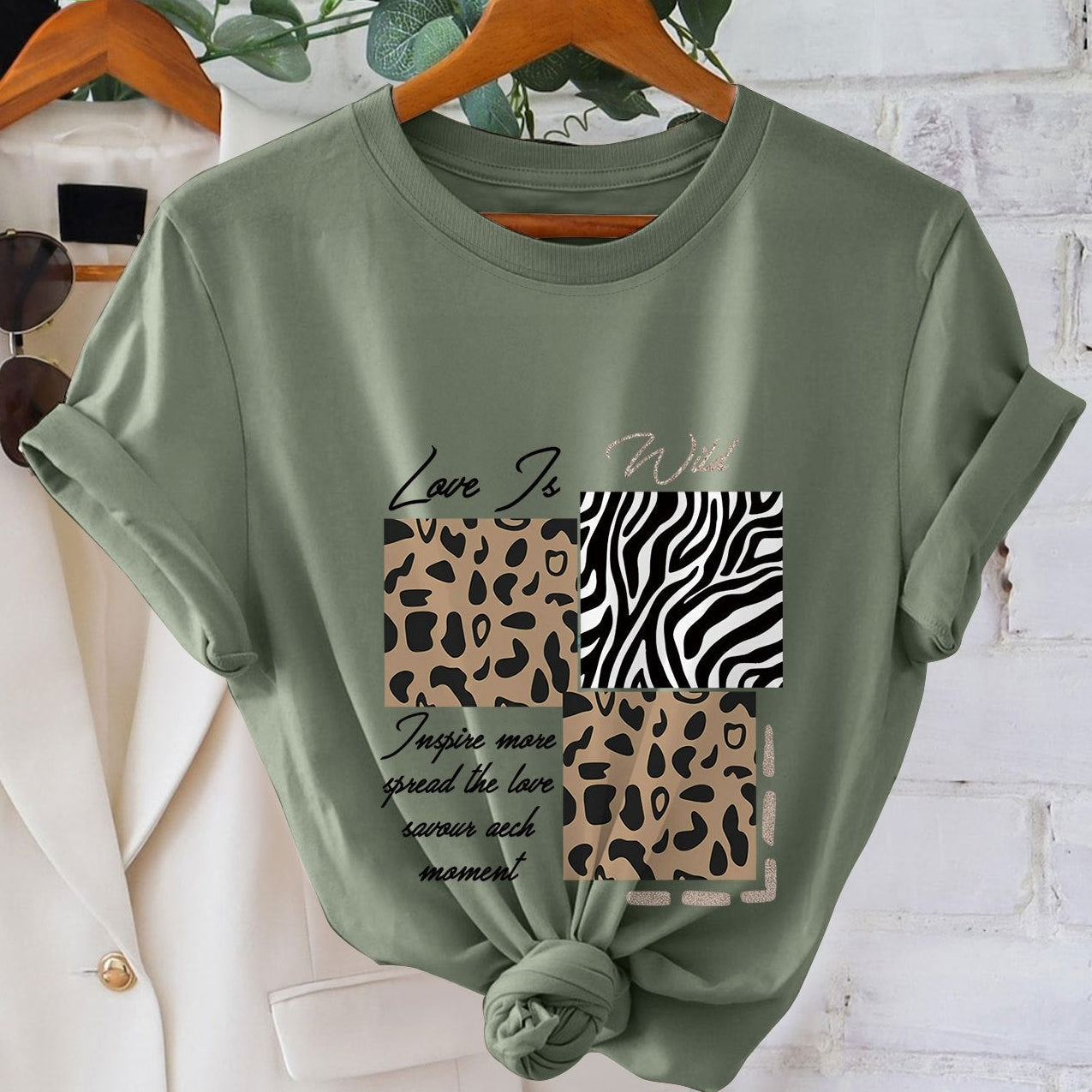 Women's T-shirt with Animal Print and Inspirational Quote – Modern Casual Shirt in Wild Look