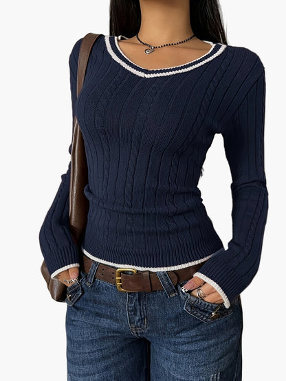Women's knitted sweater in vintage style with V-neck – figure-hugging, everyday & leisure