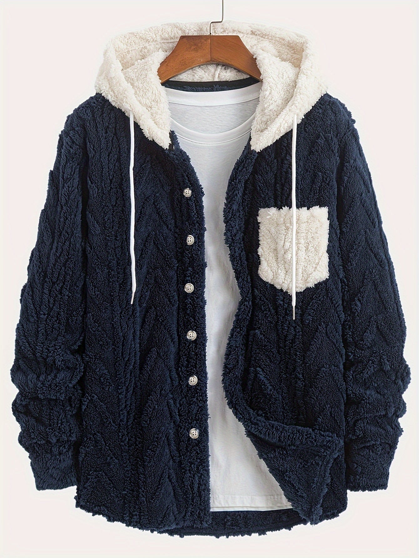 Men's teddy fleece jacket with hood and chest pocket