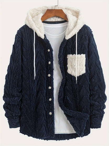 Men's teddy fleece jacket with hood and chest pocket