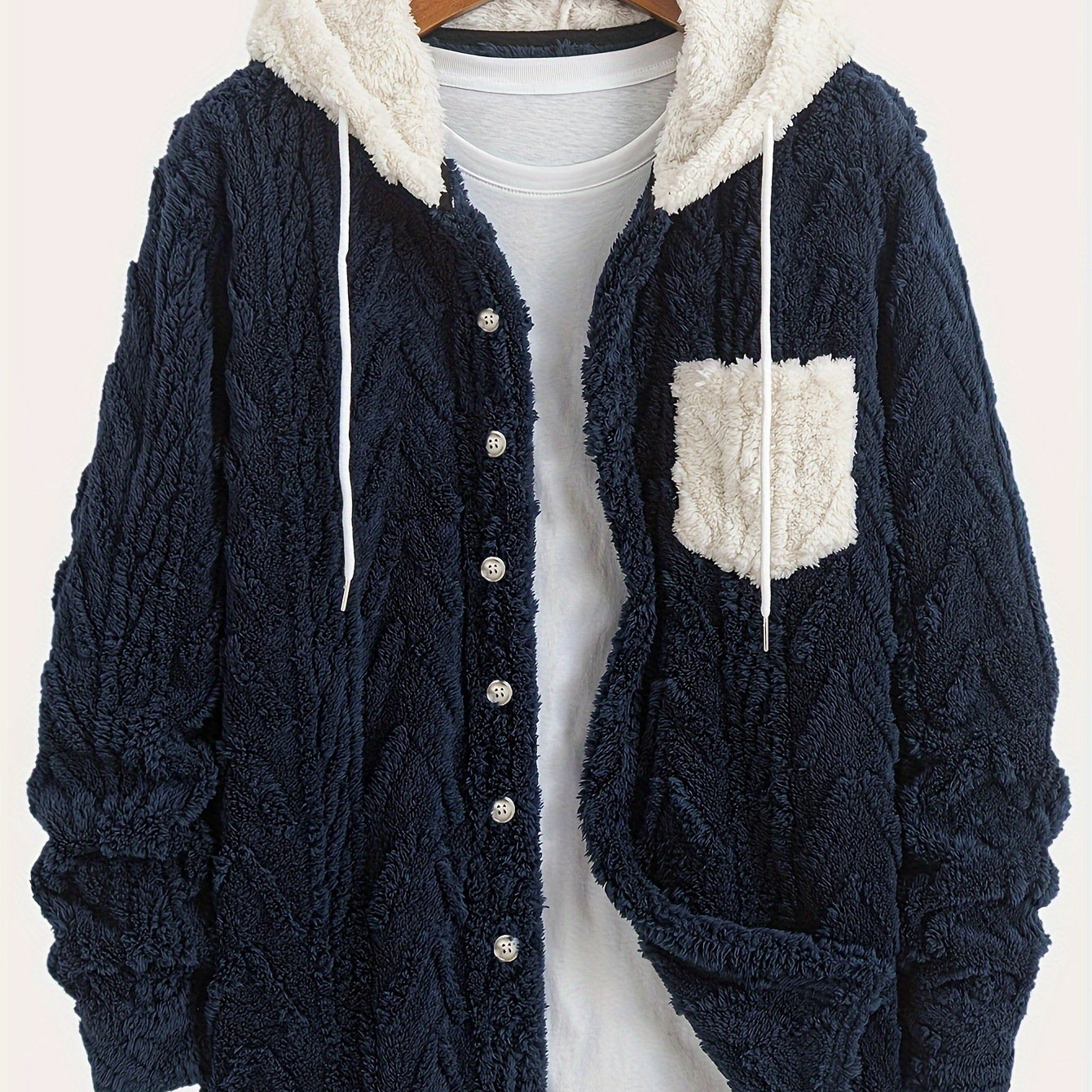 Men's teddy fleece jacket with hood and chest pocket