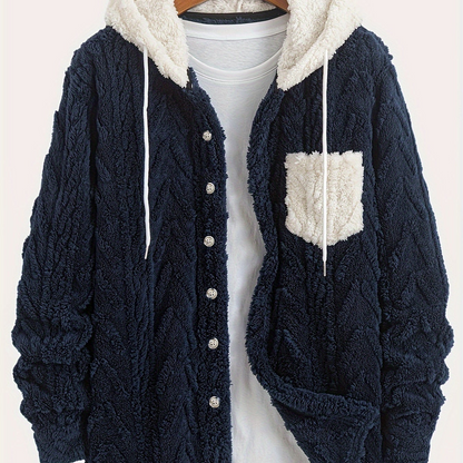 Men's teddy fleece jacket with hood and chest pocket