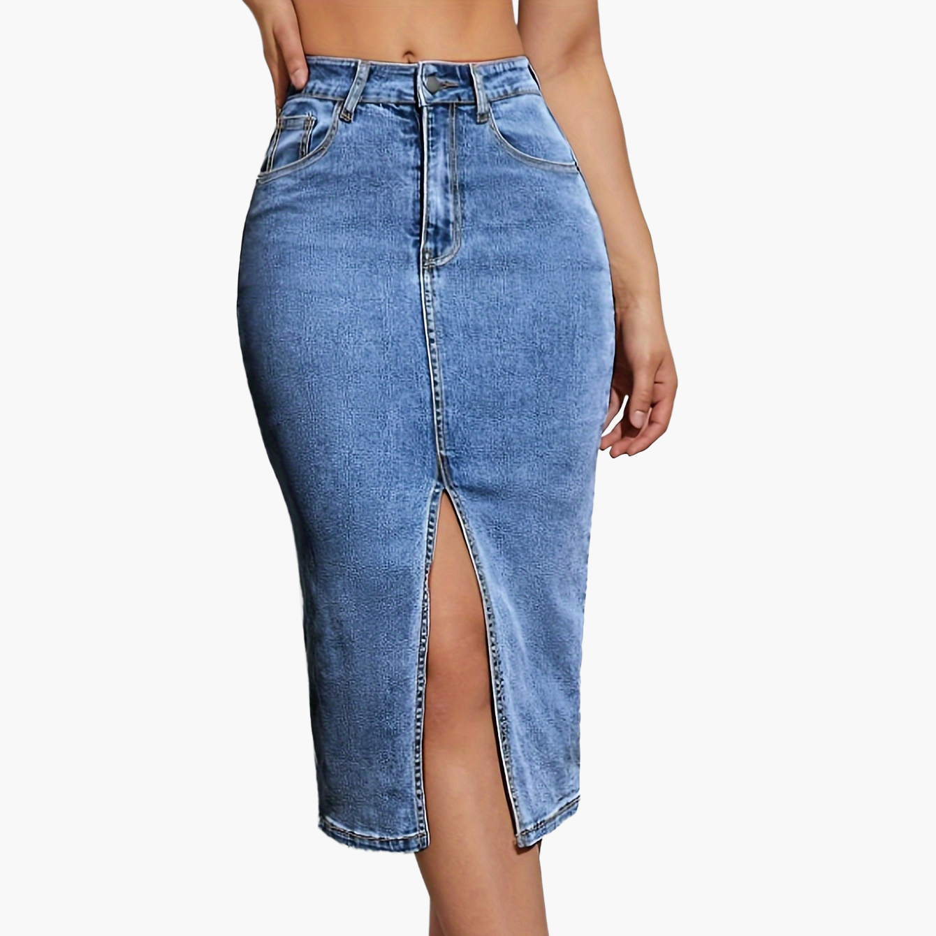 Women's High Waist Denim Skirt with Slit – Fashionable Casual Style for Everyday & Leisure