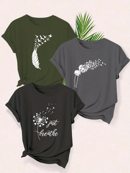 Women's Graphic T-Shirt with Nature Motifs and Inspirational Quote – Short Sleeve, Casual, Modern