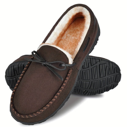 Lined men’s moccasin slippers – warm house slippers with a bow