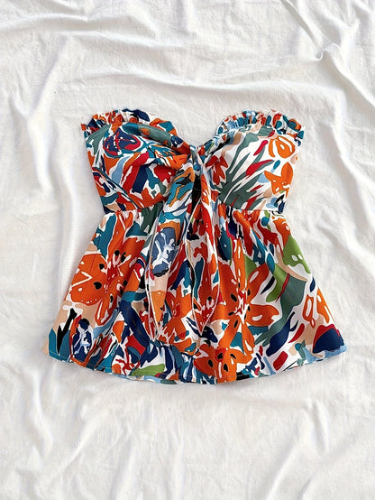 Women's Bandeau Knot Top with Abstract Floral Pattern – Summer Casual and Beach Top