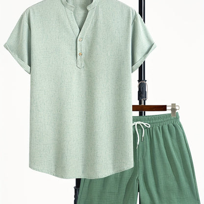 Men's Two-Piece Casual Set with Henley Shirt and Shorts – Modern Summer Outfit for Vacation & Everyday Wear