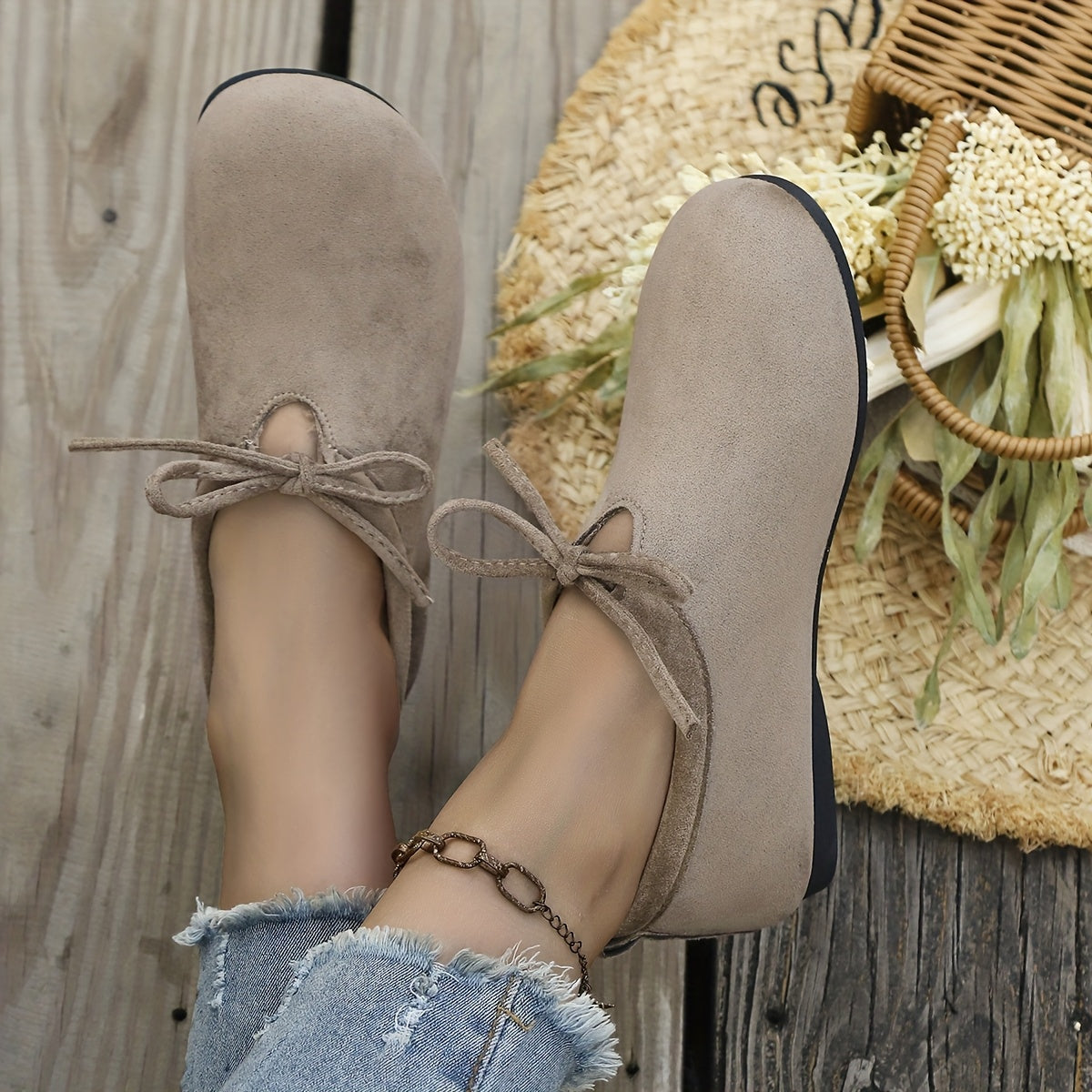 Women's slip-on shoes, bow design, warm-lined casual shoes