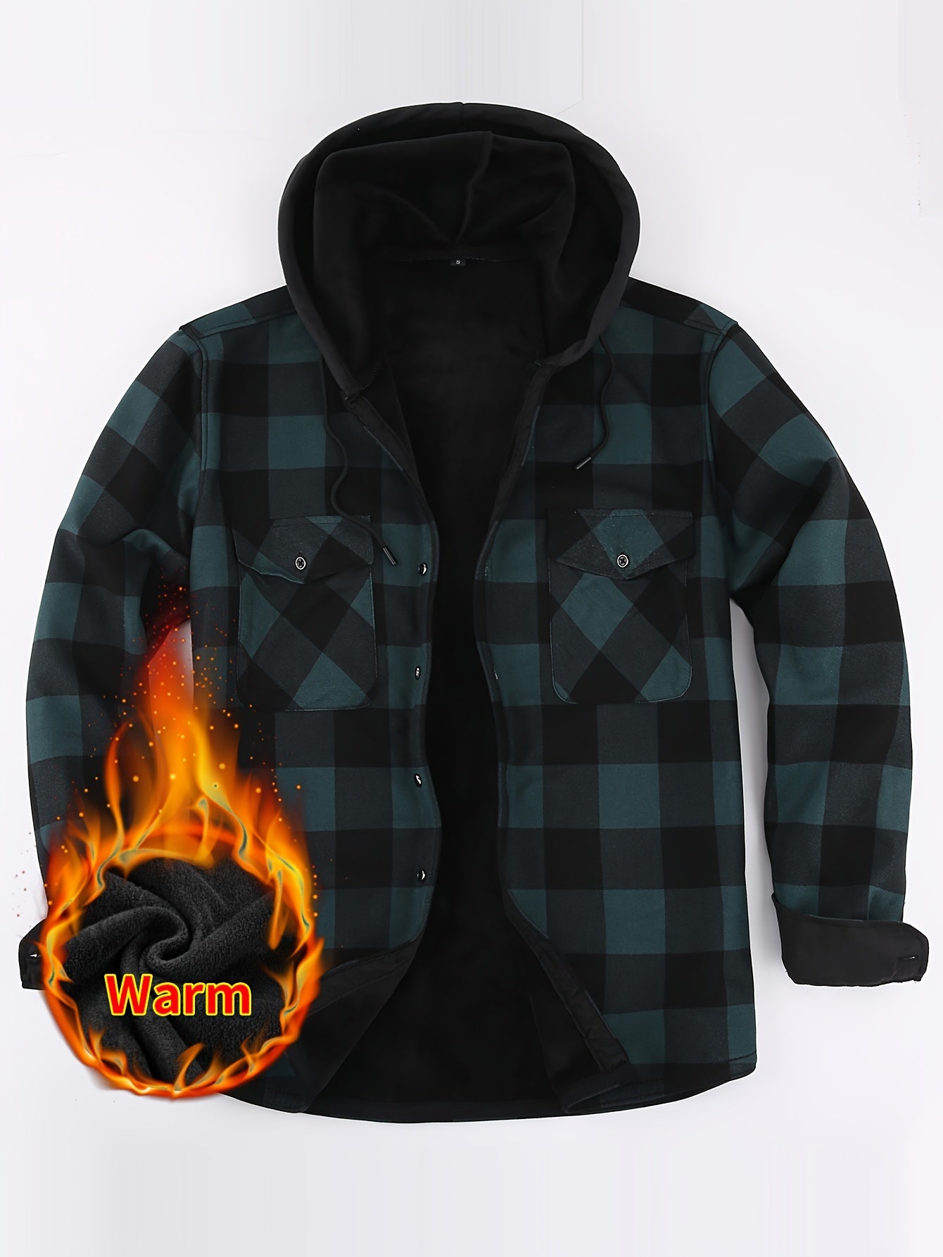 Men's checked flannel shirt with hood, lined, warm casual jacket, long sleeve