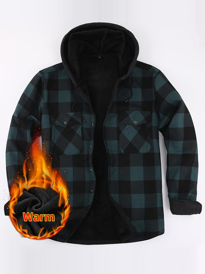 Men's checked flannel shirt with hood, lined, warm casual jacket, long sleeve