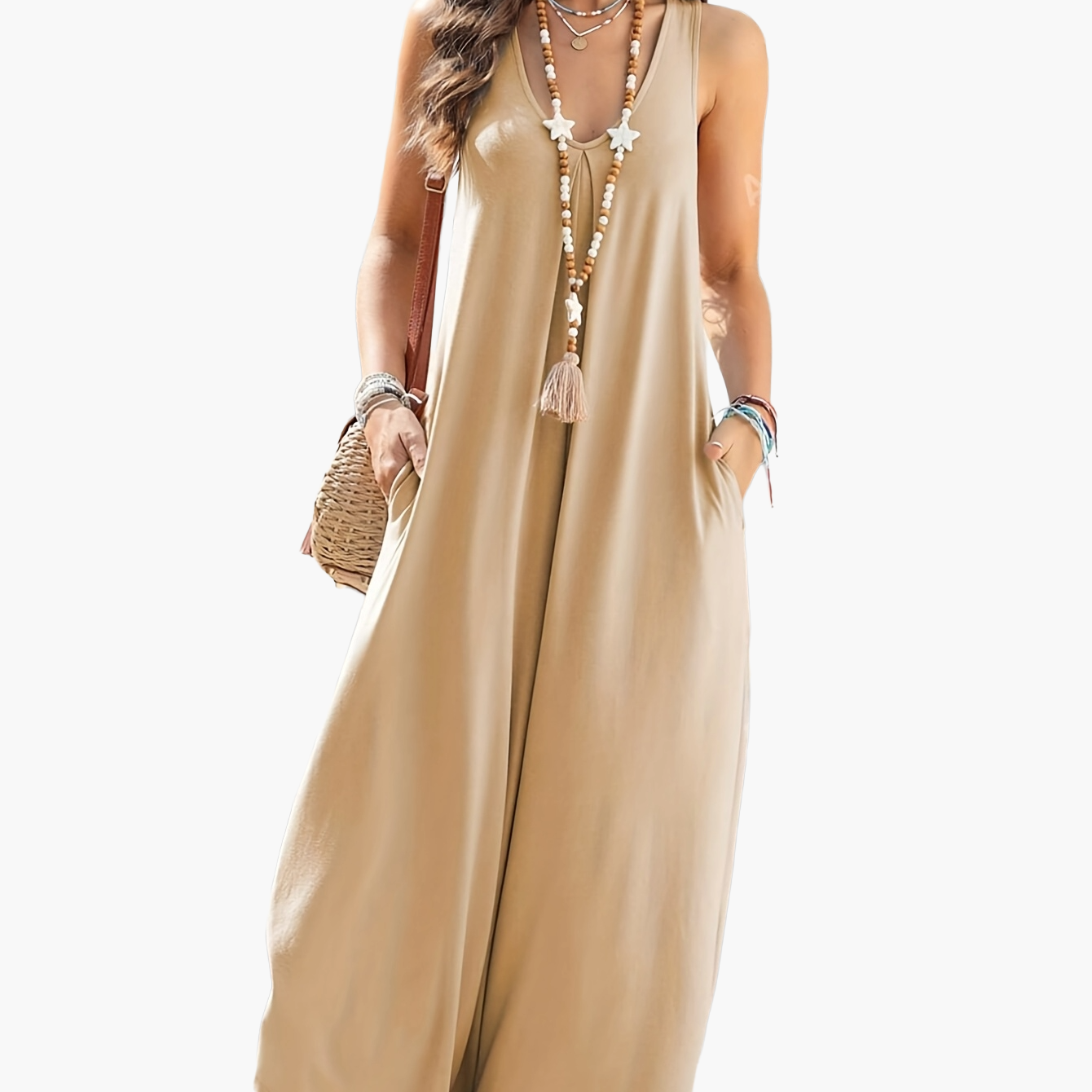 Women's Loose Jumpsuit with V-Neck and Pockets – Elegant Summer Romper for Leisure and Vacation