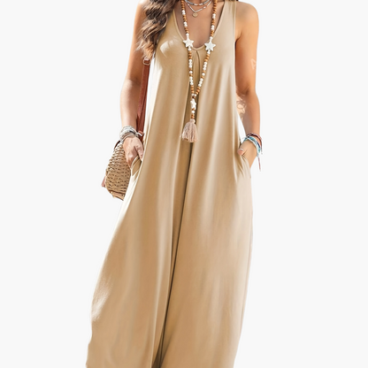 Women's Loose Jumpsuit with V-Neck and Pockets – Elegant Summer Romper for Leisure and Vacation